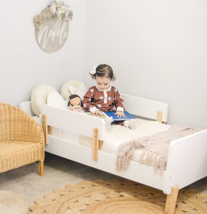 Modern low toddler bed: dadada Muse in White + Natural for the crib-to-bed transition