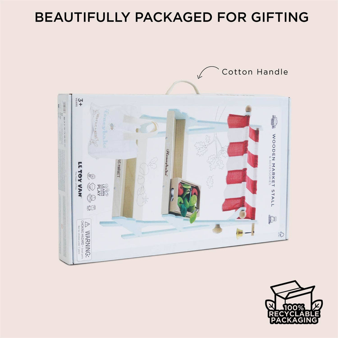 Illustrated retail box artwork for the Le Toy Van Wooden Market Stall & Fruit Play Food Crate