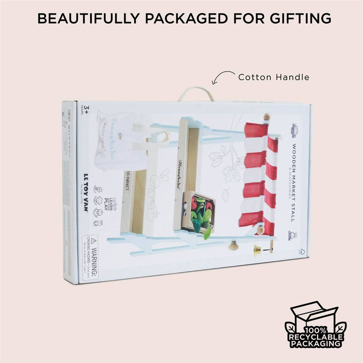 Illustrated retail box artwork for the Le Toy Van Wooden Market Stall & Fruit Play Food Crate