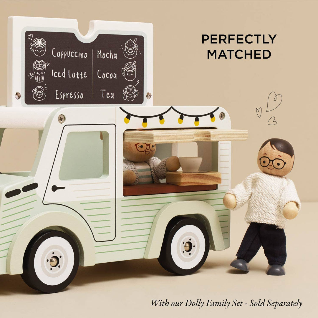 Doll customer at the serving hatch of the Mobile Café Van from Le Toy Van, dollhouse vehicle, figures sold separately