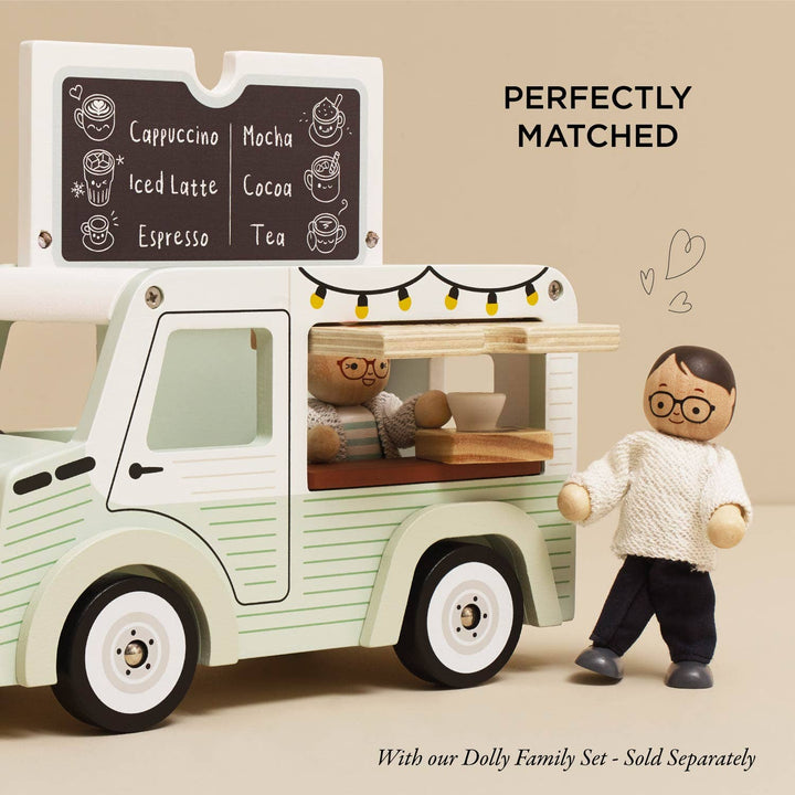 Doll customer at the serving hatch of the Mobile Café Van from Le Toy Van, dollhouse vehicle, figures sold separately