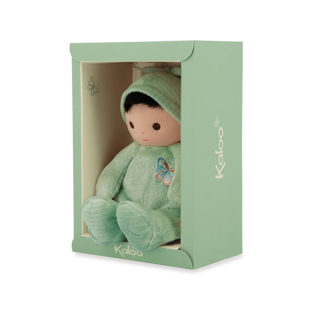Recycled material tag on Janod Tender Baby Pilea Doll plush toy