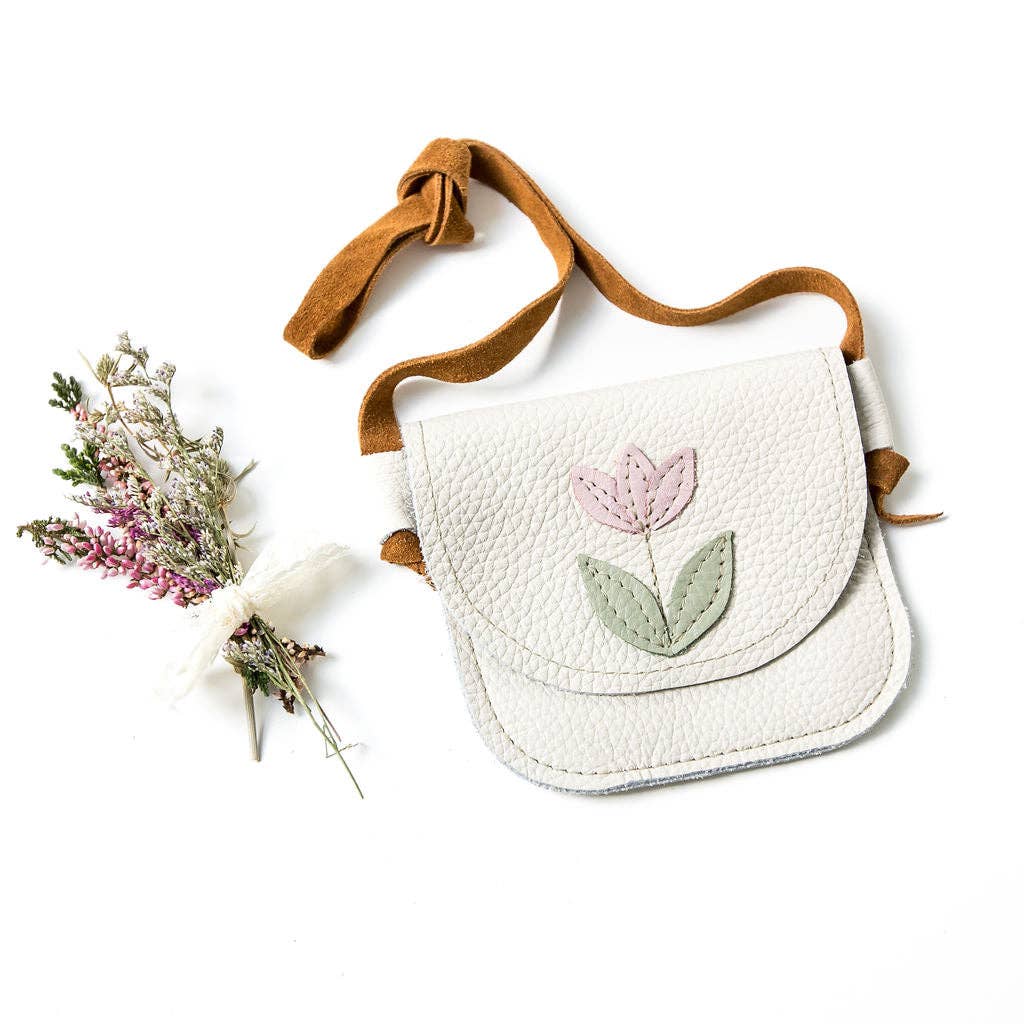 Kids leather crossbody purse in Tulip on Milk by Starry Knight Design