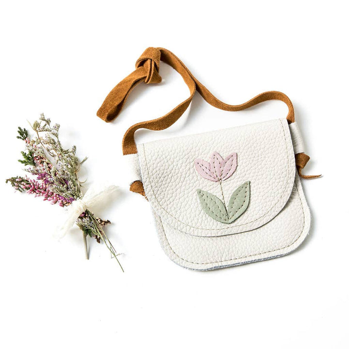 Kids leather crossbody purse in Tulip on Milk by Starry Knight Design