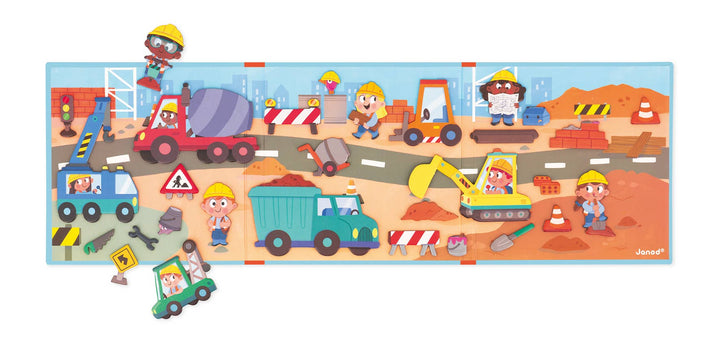 Magnetic toys for kids construction play scene by Janod featuring a cement mixer and workers