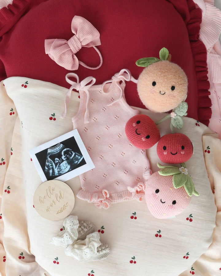 Cuddle + Kind Baby Cherries 7 inch hand-knit cherry plush toy and baby shower gift