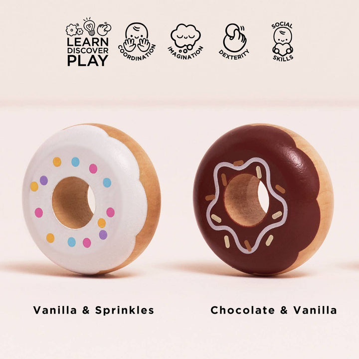 Le Toy Van's Donut Set shows a sprinkled vanilla donut paired with a swirled chocolate vanilla donut