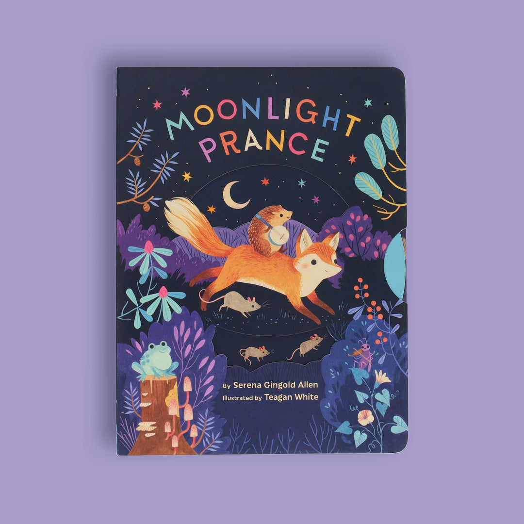 Moonlight Prance nocturnal animals board book cover on purple background