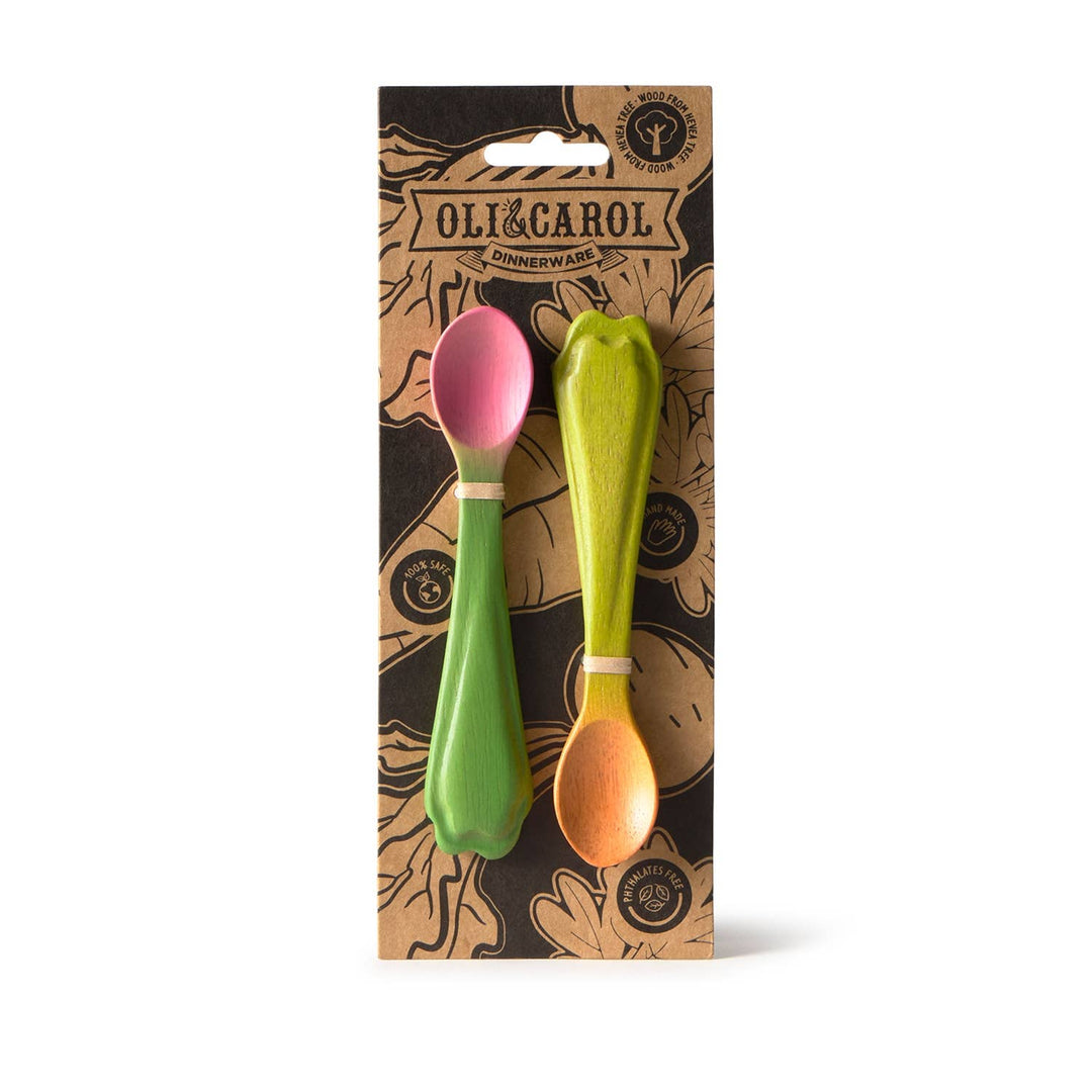 Oil & Carol Carrot and Radish spoons in packaging, baby feeding utensil gift set for baby led weaning and toddler self feeding