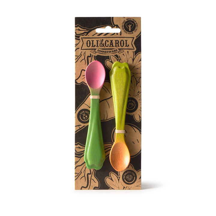 Oil & Carol Carrot and Radish spoons in packaging, baby feeding utensil gift set for baby led weaning and toddler self feeding