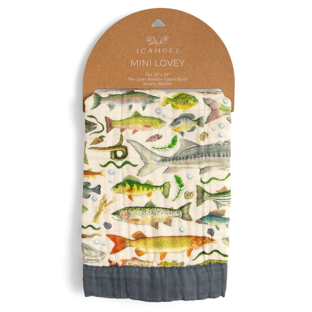 Freshwater Fish baby lovey muslin blanket by 1canoe2, rolled and tagged as a cozy newborn security blanket