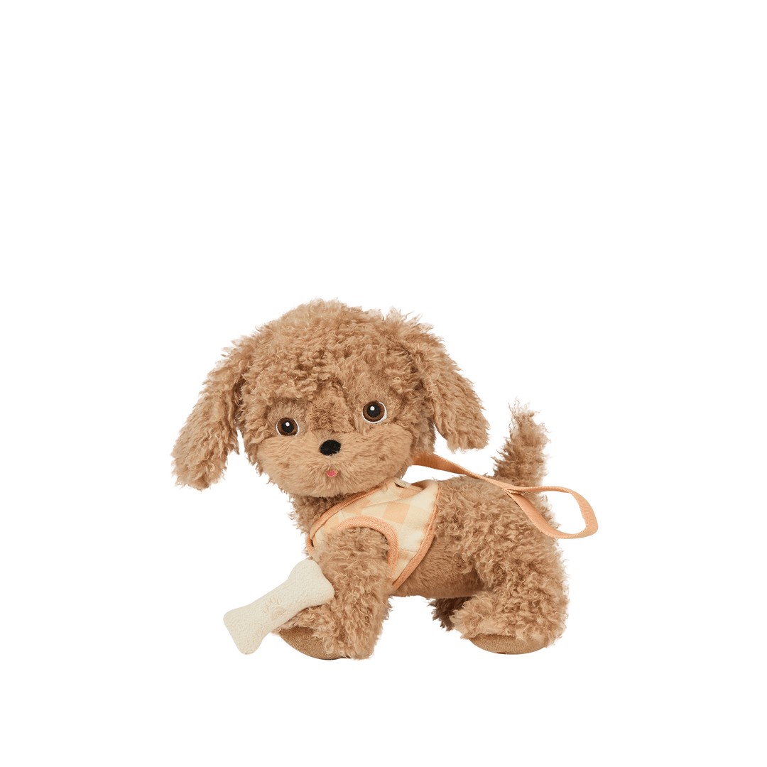 Dinkum Dolls Dinkum Dogs Goldie golden plush dog holding a white magnetic bone