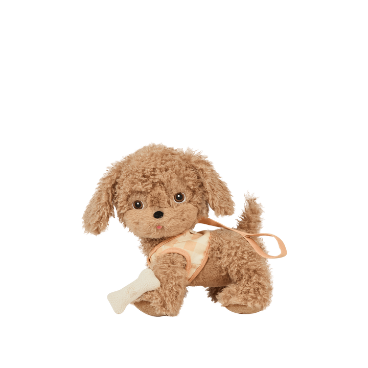 Dinkum Dolls Dinkum Dogs Goldie golden plush dog holding a white magnetic bone