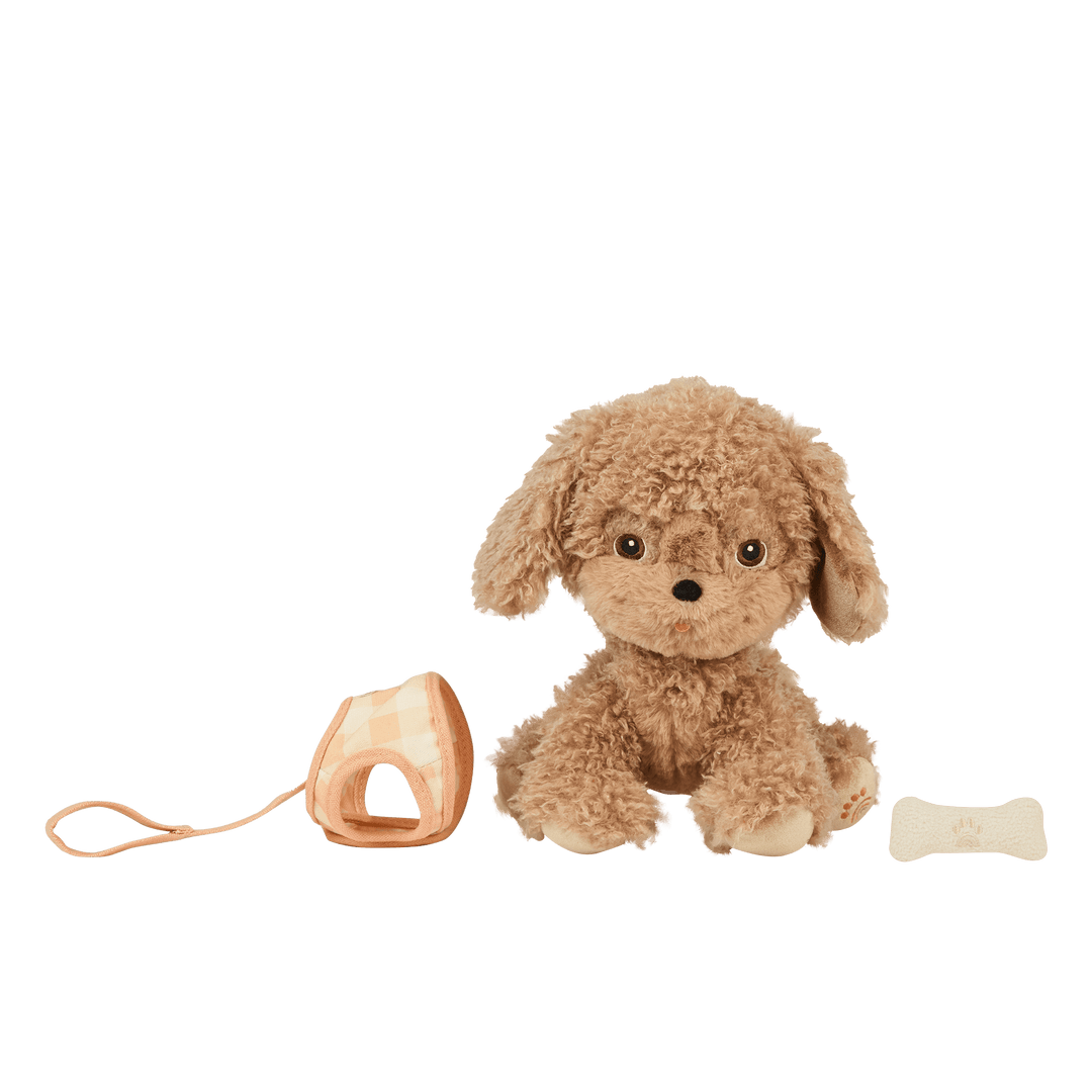 Dinkum Dolls Goldie plush dog with harness, lead and magnetic bone treat accessories