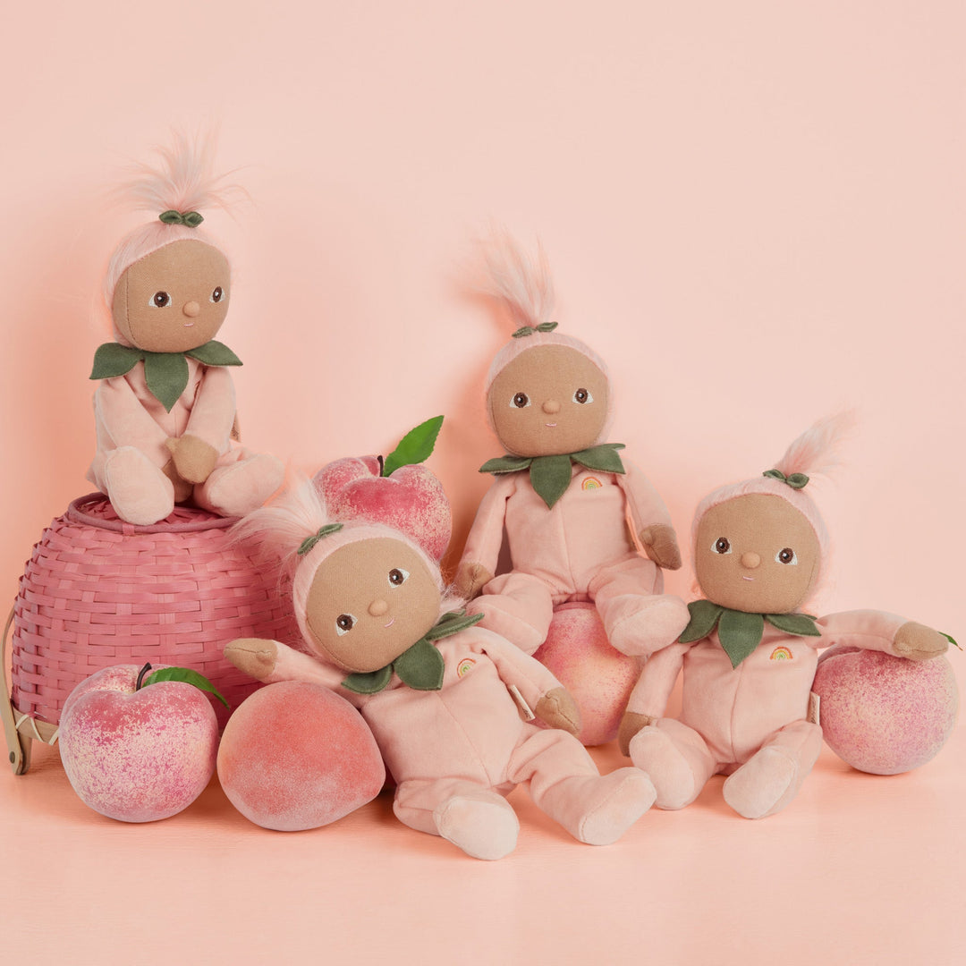 Peach themed Dinky Dinkums Fruity Cuties dolls with leafy collars from Dinkum Dolls