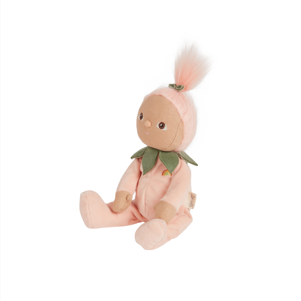 Peggy Peach Fruity Cuties palm-sized doll seated, Dinky Dinkums by Dinkum Dolls