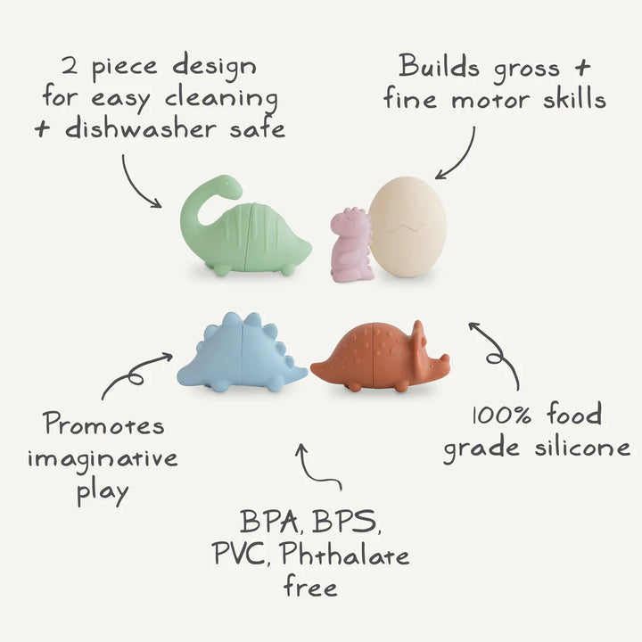 picture of set of four mushie dino mold free bath toy created for food grade silicone for imaginative play 