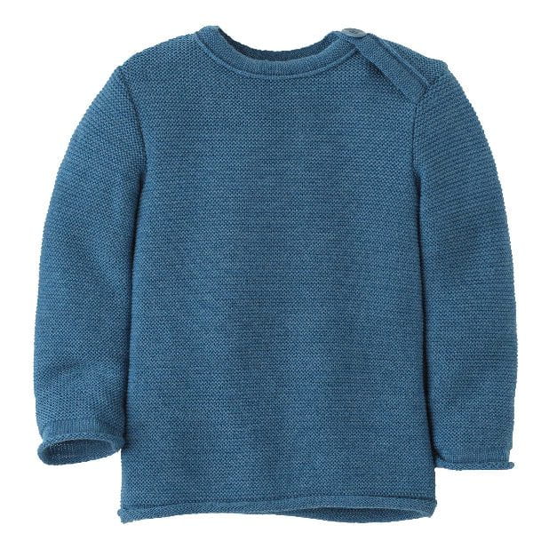Disana Organic Merino Wool Baby Jumper in Dove Blue, crew neck knit sweater with shoulder buttons for newborns and infants