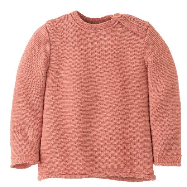Soft Pink organic wool baby sweater with easy on shoulder closure, the Disana Organic Merino Wool Baby Jumper in garter knit