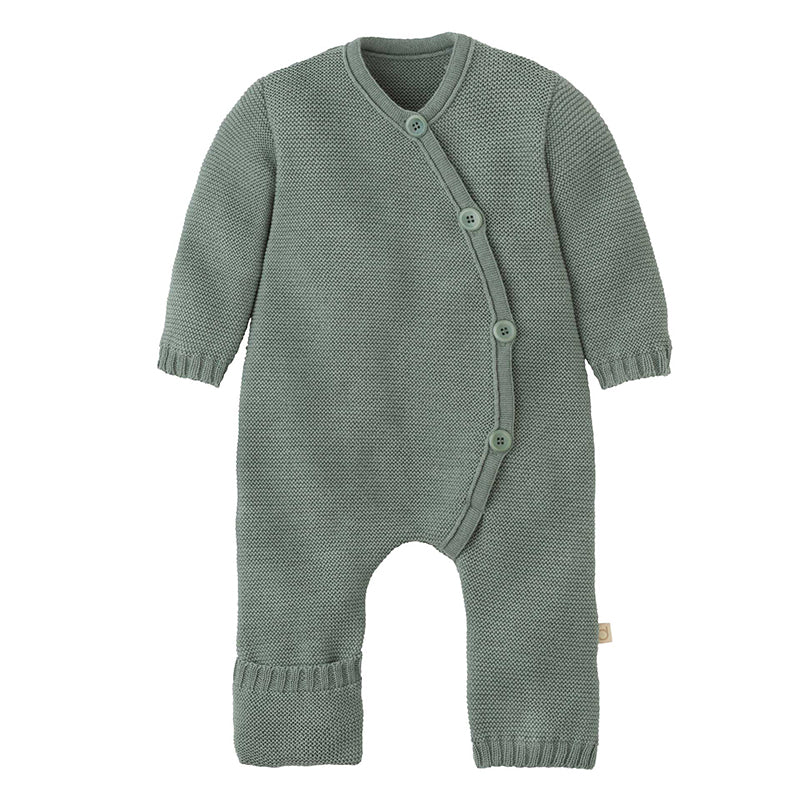 Jade knit romper with side button placket and foldover cuffs, Disana Organic Merino Wool Knitted Baby Overall for newborns