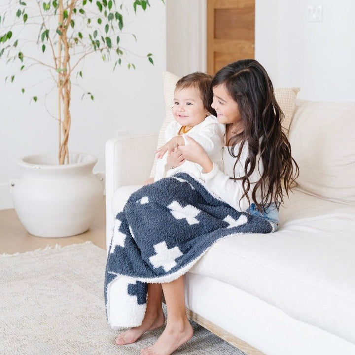 Saranoni BAMBONI¨ Receiving Blanket in Charcoal Swiss Cross, a modern and ultra-soft baby receiving blanket for everyday use.