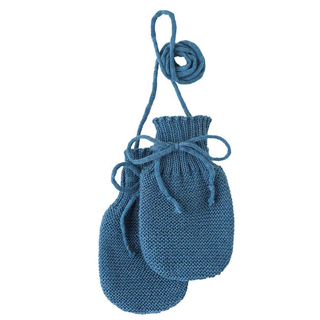 Disana Organic Merino Wool Baby Mittens in Dove Blue, soft garter knit thumbless mitts on a connecting cord for infants