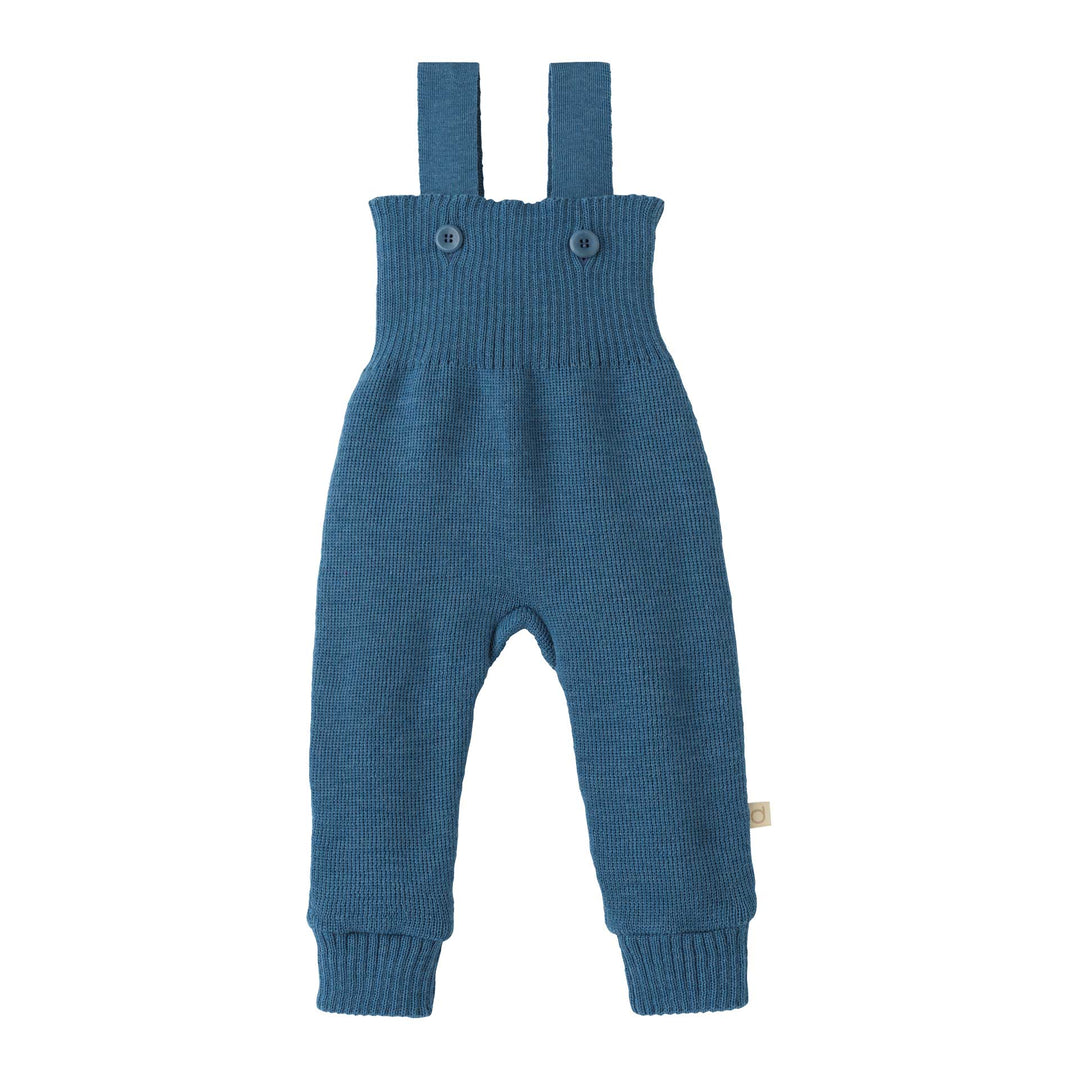 Disana Organic Merino Wool Knitted Baby Trousers in Dove Blue, high waist knit pants with button straps and ribbed cuffs