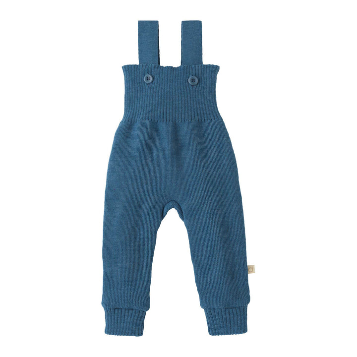 Disana Organic Merino Wool Knitted Baby Trousers in Dove Blue, high waist knit pants with button straps and ribbed cuffs
