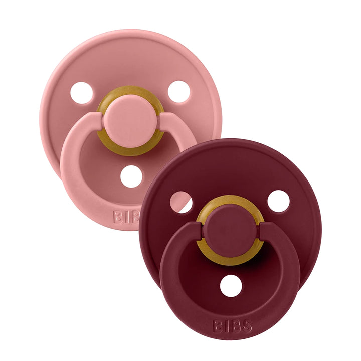 Soft Dusty Pink & Elderberry tones in the BIBS Pacifier Colour Collection 2 Pack, baby soother set.