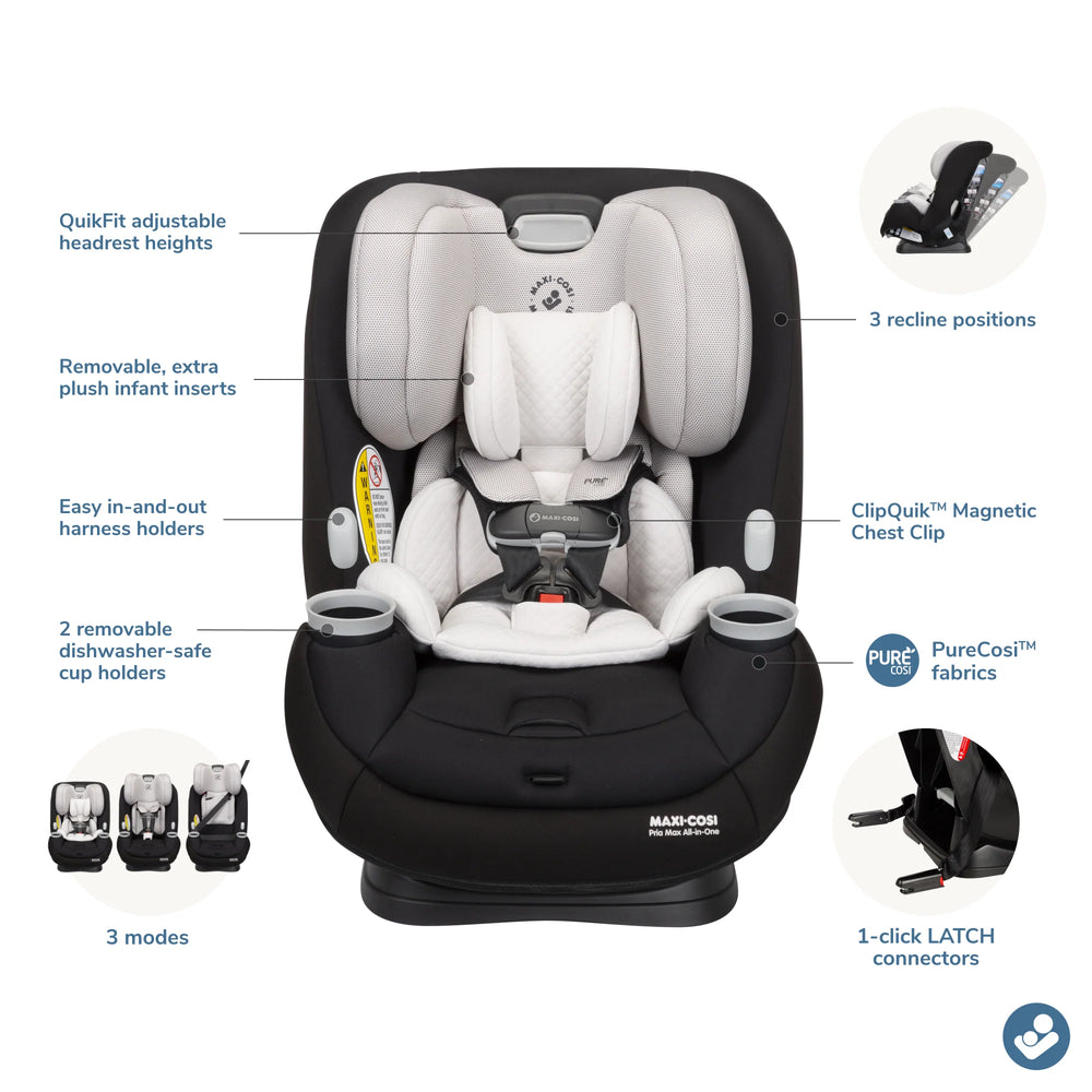 Maxi Cosi Pria Max Convertible Car Seat in Essential Black, offering superior comfort and protection, a top-rated convertible car seat for your child.