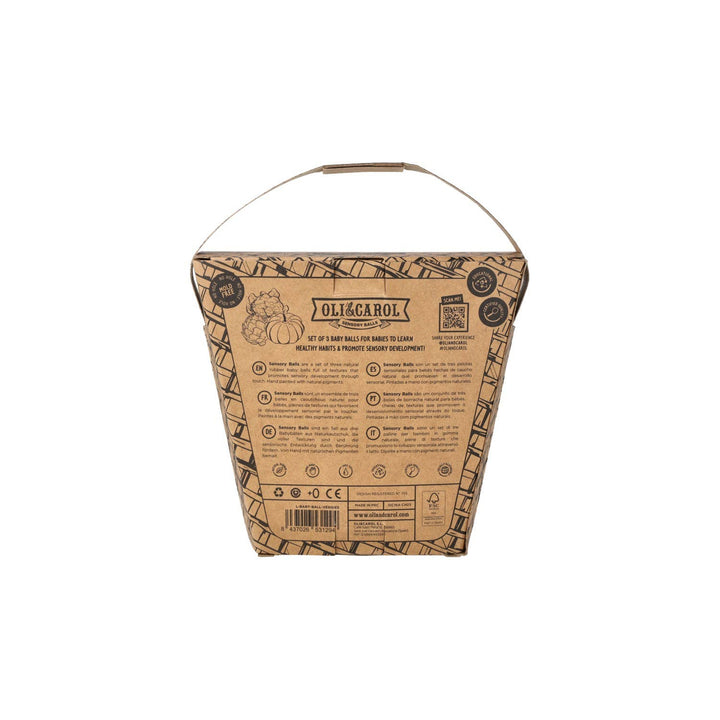 Back panel of the Oli & Carol Veggie Soup Baby Sensory Balls packaging with product details