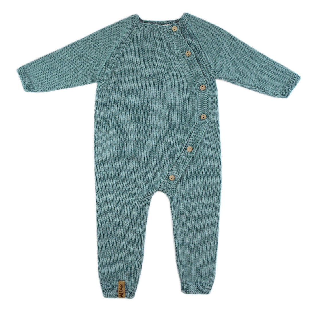 Green long sleeve knit romper with diagonal wooden buttons, ALIAP Merino Wool Plain Knit Baby Bodysuit, footless one piece