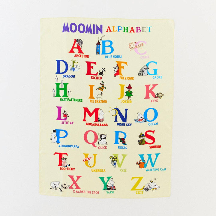 Sarah's Silks lays this Moomin Alphabet Playsilk flat, showcasing every letter and character