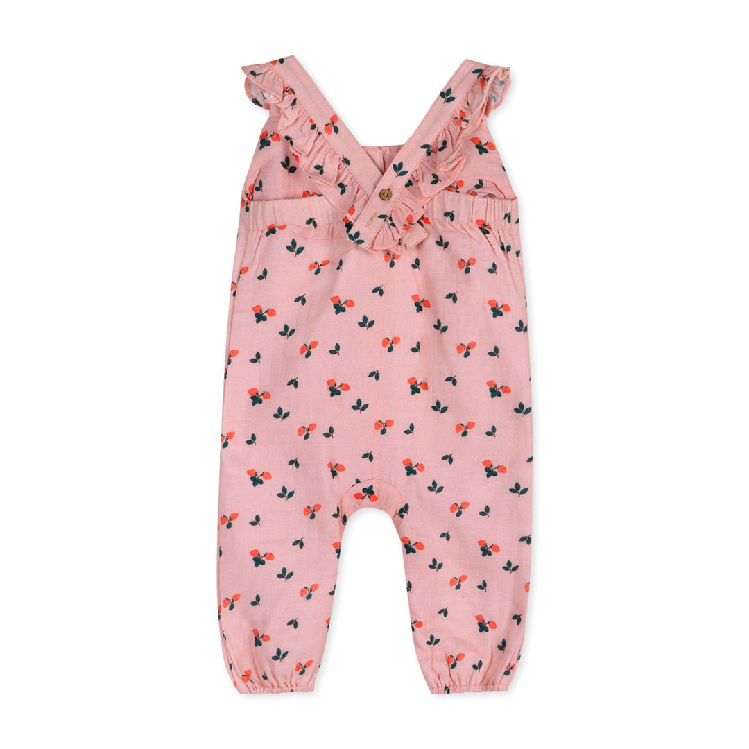 Charming newborn baby clothes by Viverano Organics in the Strawberry Ruffled Baby Jumpsuit, lightweight and breathable design