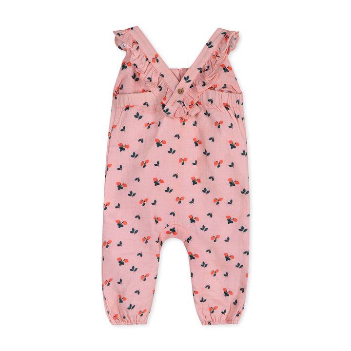 Charming newborn baby clothes by Viverano Organics in the Strawberry Ruffled Baby Jumpsuit, lightweight and breathable design