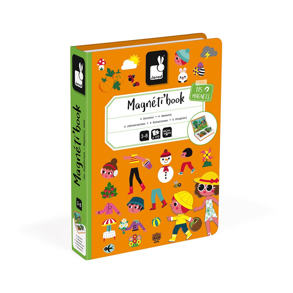 Child playing with magnetic toys pieces from Janod Magneti'book 4 Seasons