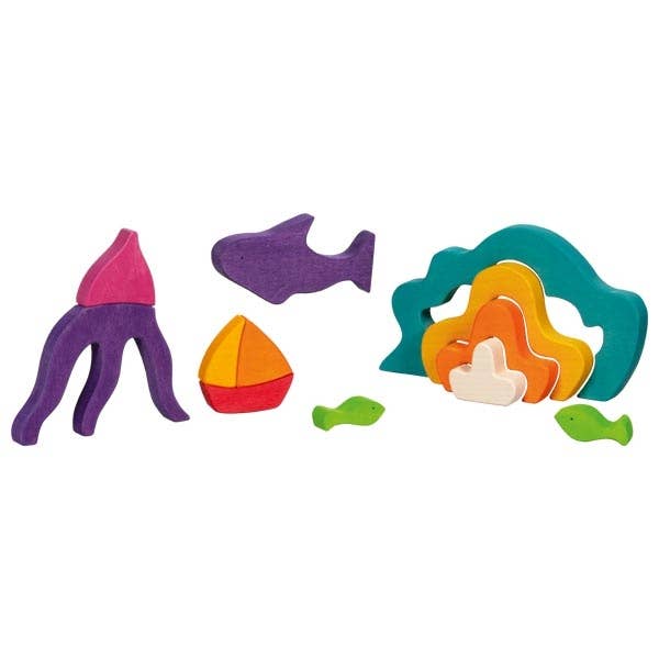 Children can enjoy skill-building play with this ocean-colored Goki block toy.