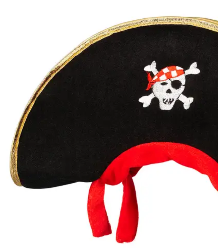 Close up of the Souza Simon Pirate Hat Costume Accessory, black foam hat with wire rim