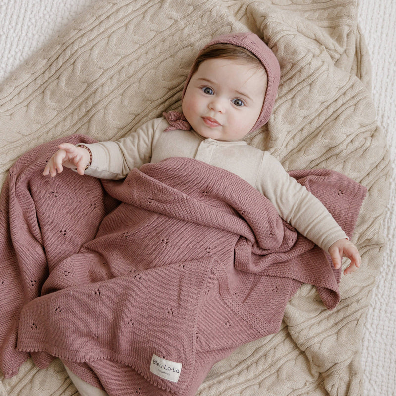 plum  Blue Lala Pointelle Swaddle Receiving Baby Blanket made with delicate knit details for newborn care