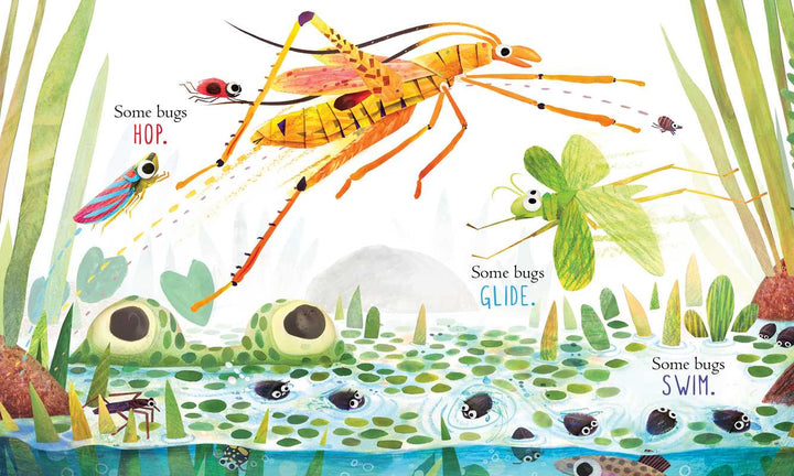 A mantis rests by the pond in this Some Bugs board book illustration, a Simon & Schuster kids book