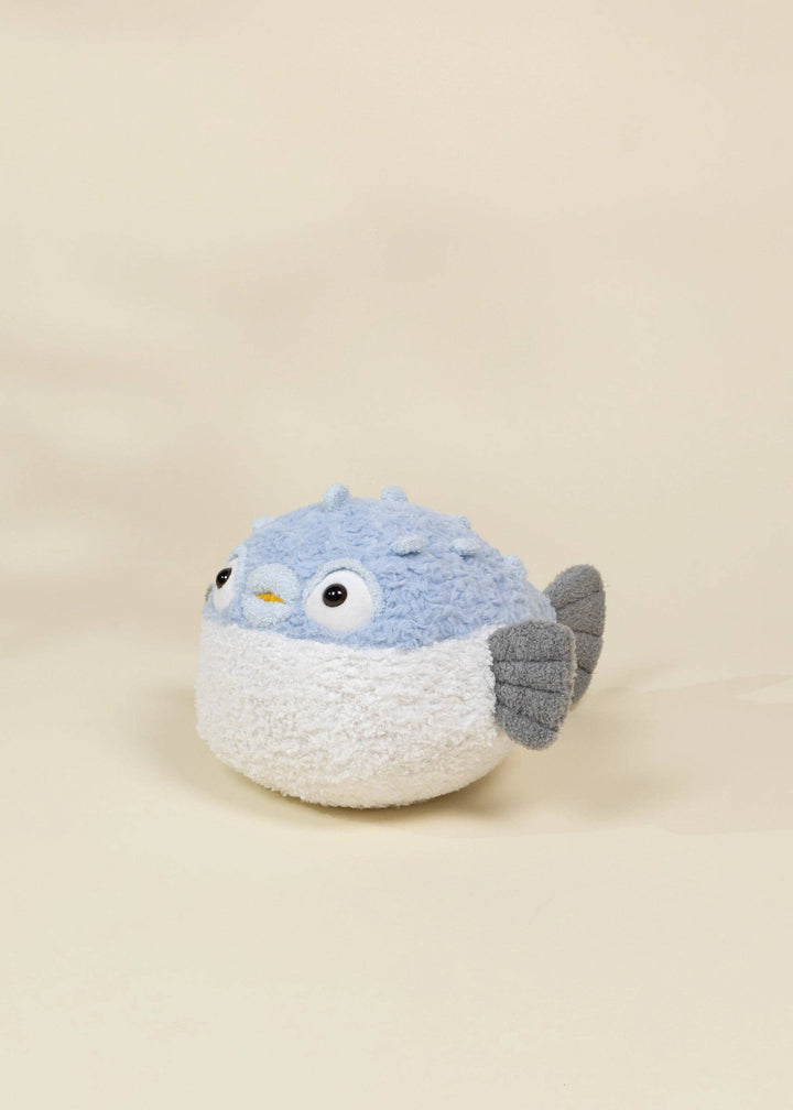 Coco Village Pufferfish Plush Toy, a soft blue and white stuffed ocean animal for imaginative play