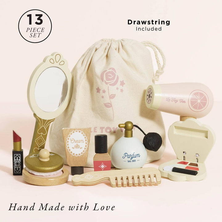 Le Toy Van wooden beauty kit with perfume bottle mirror lipstick and hair dryer