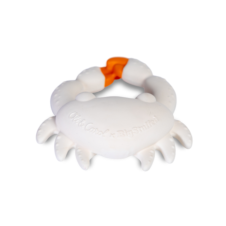 A colorful Sharon the Crab teether by Oli & Carol, perfect for newborns.