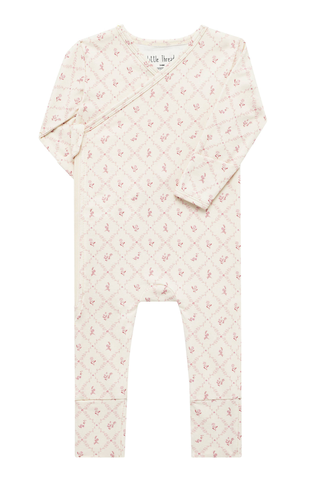 Little Threads mauve lattice bamboo wrap footie, soft baby sleepwear with wrap design, breathable infant pajamas for newborn comfort and easy changes