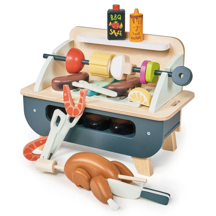 ender Leaf Barbeque Play Set colorful wooden pretend play grill with kabobs, chicken, and shrimp. Perfect for imaginative cooking fun.