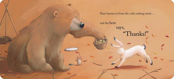 Bear and a mouse friend share a moment in this Bear Says Thanks board book page, Simon & Schuster