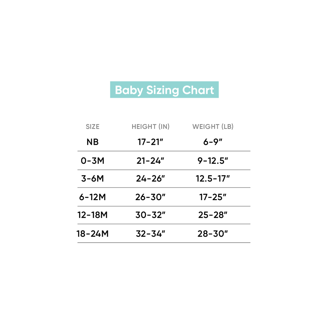 Copper Pearl baby sleepwear size chart for footie pajamas, sizing guide for infants and toddlers