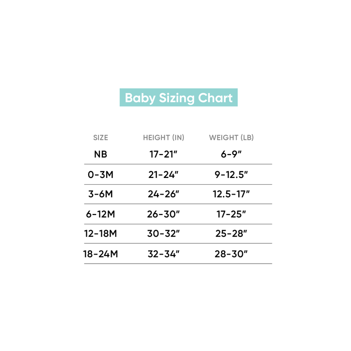 Copper Pearl baby sleepwear size chart for footie pajamas, sizing guide for infants and toddlers