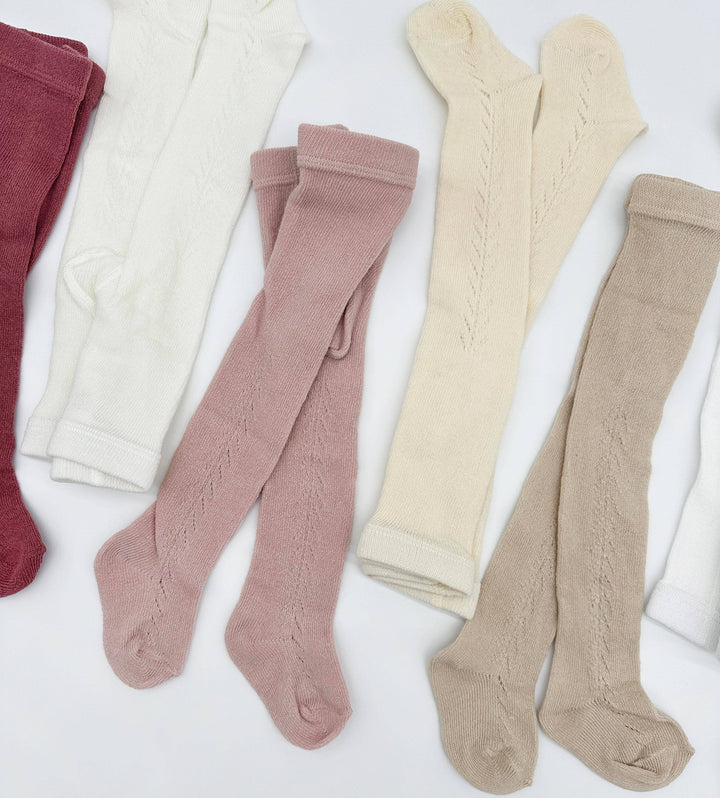 Olive & Cradle French Lace Cotton Tights – delicate lace-hem baby tights in ivory, flat lay front view