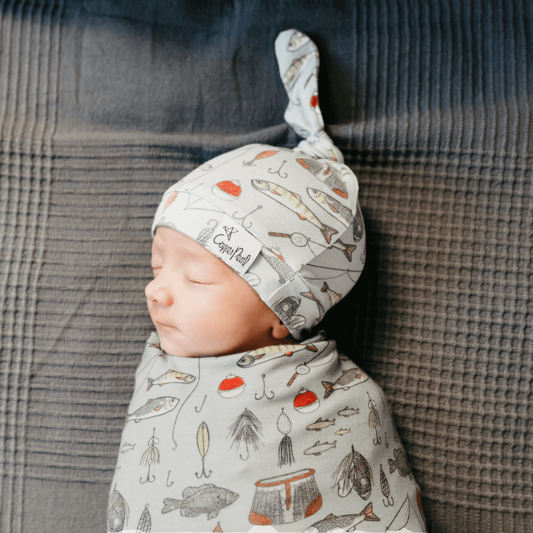 Copper Pearl Trout swaddle blanket detail — lightweight breathable baby wrap